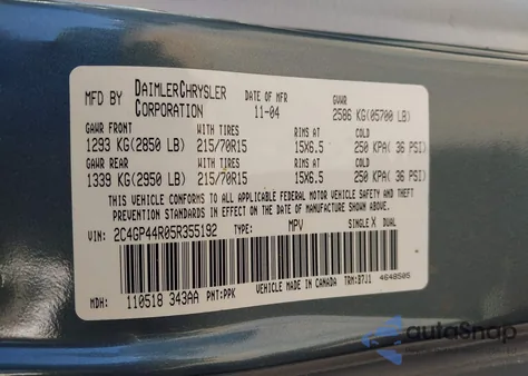 2005 Chrysler Town & Country Lx from USA, damaged, VIN 2C4GP44R05R355192